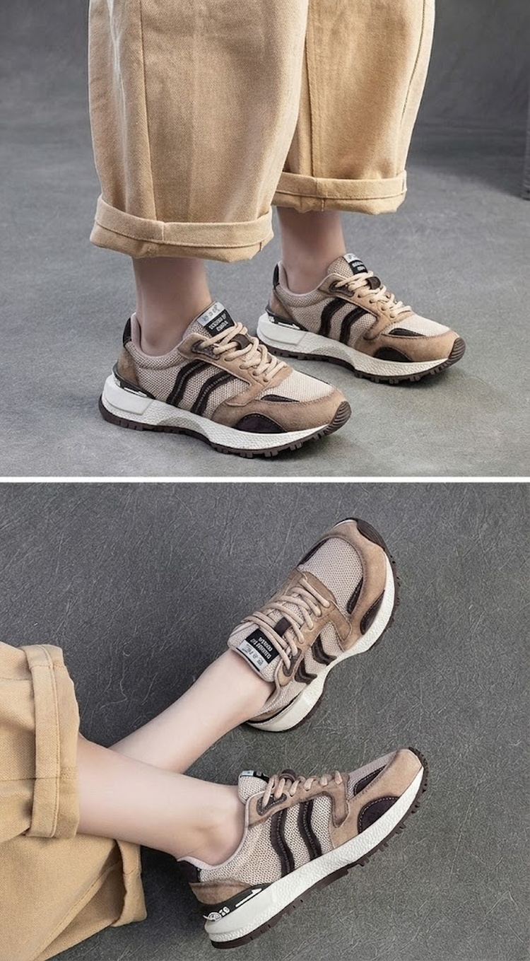 Giày Sneaker Nữ Đế Dày Phong Cách Retro Phối Màu Chiều Cao Đế Khoảng 5cm Màu Nâu, Be chi tiết 7