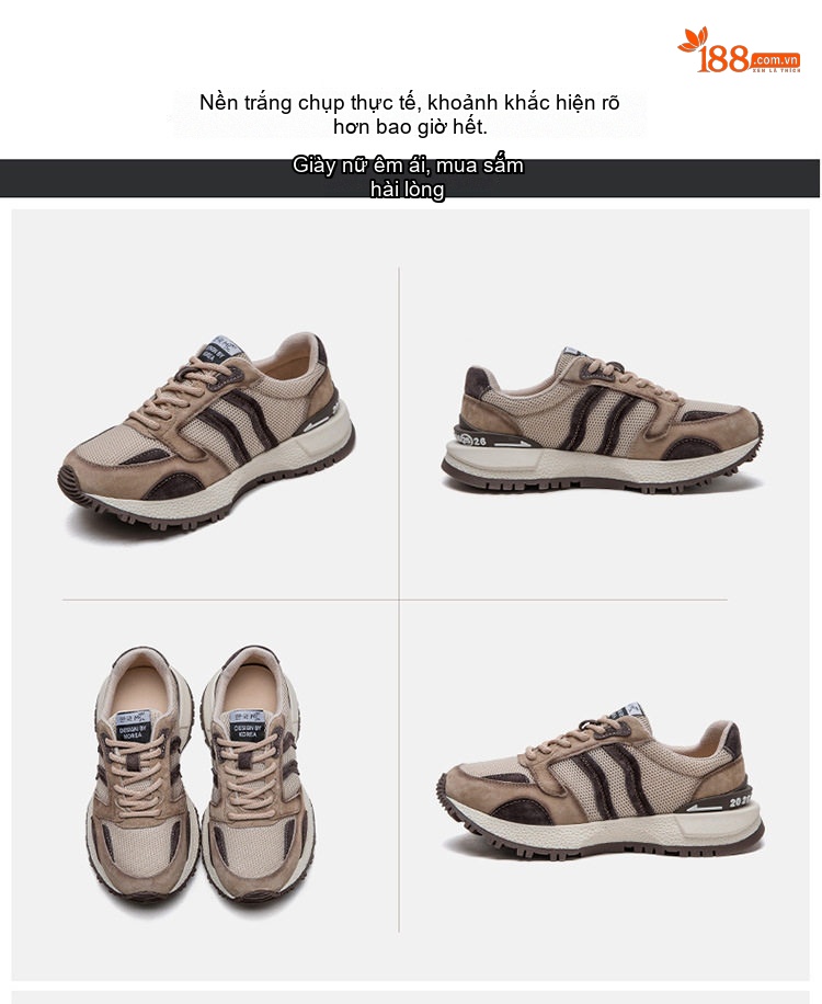 Giày Sneaker Nữ Đế Dày Phong Cách Retro Phối Màu Chiều Cao Đế Khoảng 5cm Màu Nâu, Be chi tiết 12