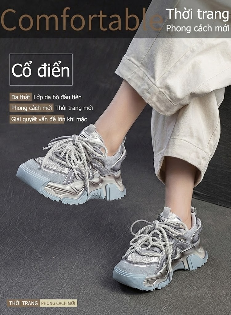 Giày Sneaker Nữ Đế Dày Phong Cách Thể Thao Thoáng Khí Chiều Cao Đế Khoảng 5cm Màu Vàng, Xám, Tím chi tiết 1
