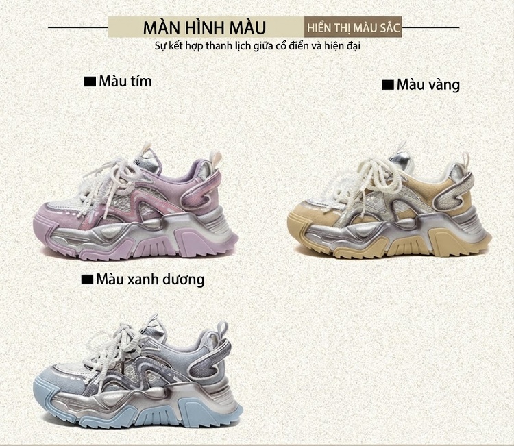 Giày Sneaker Nữ Đế Dày Phong Cách Thể Thao Thoáng Khí Chiều Cao Đế Khoảng 5cm Màu Vàng, Xám, Tím chi tiết 2