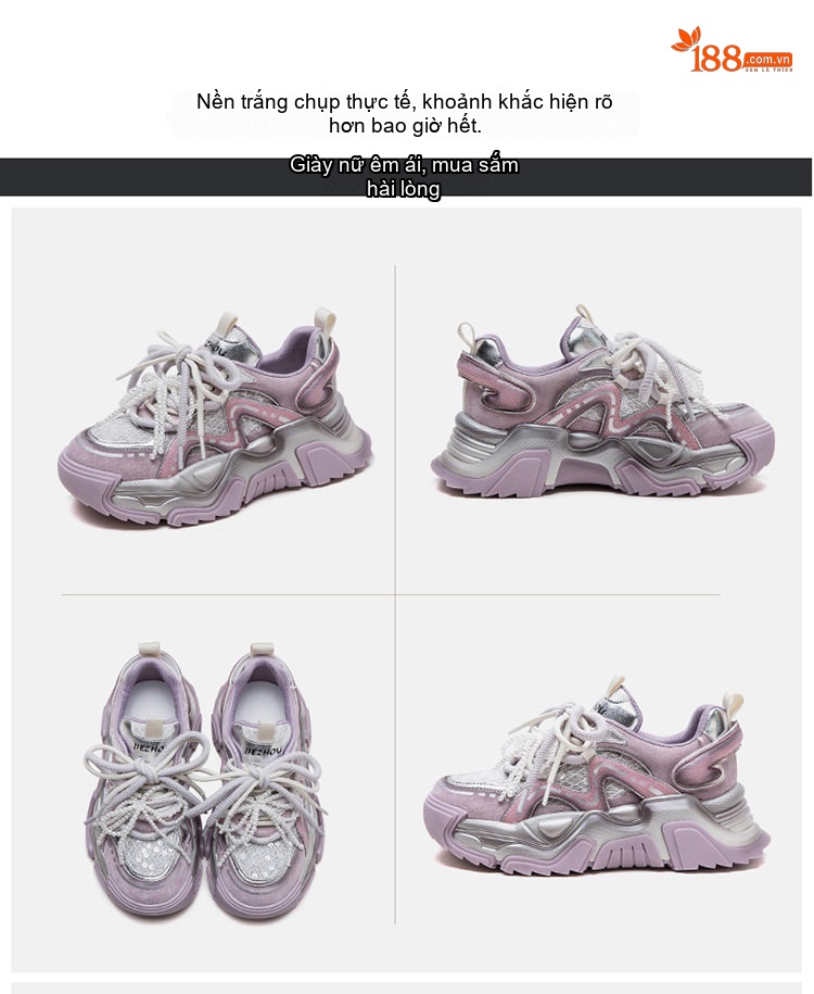 Giày Sneaker Nữ Đế Dày Phong Cách Thể Thao Thoáng Khí Chiều Cao Đế Khoảng 5cm Màu Vàng, Xám, Tím chi tiết 16