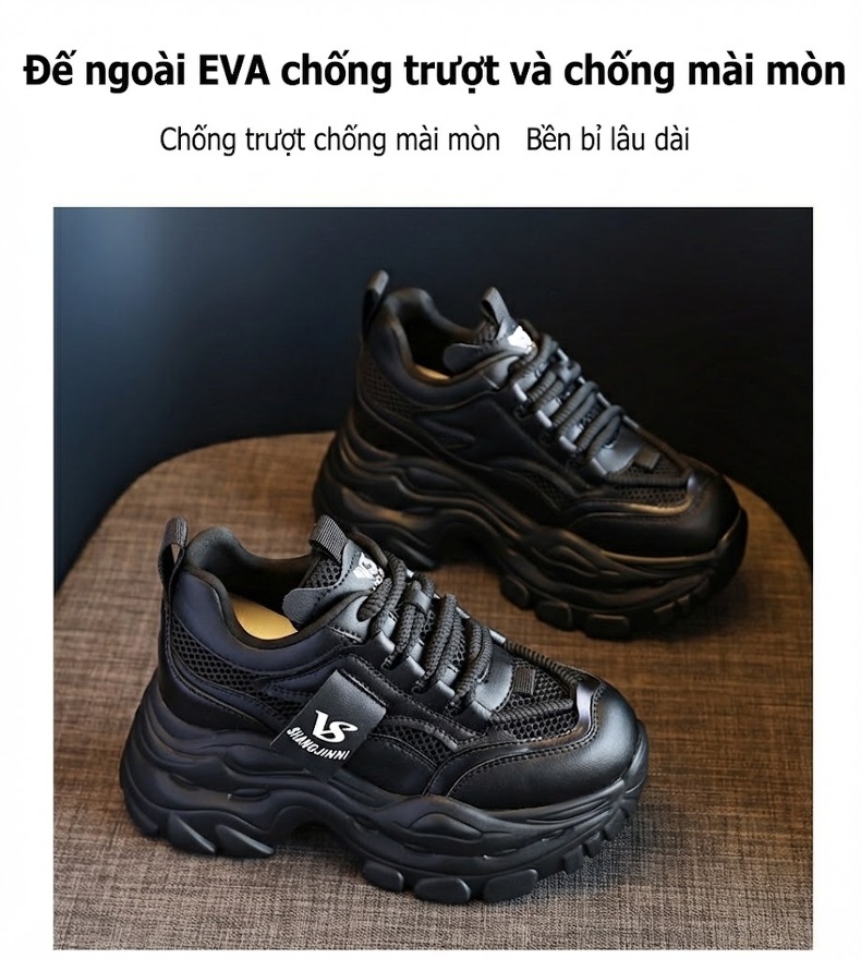 Giày Sneaker Nữ Đế Dày Phong Cách Ulzzang Chiều Cao Đế Khoảng 6.5cm Màu Trắng, Đen chi tiết 11