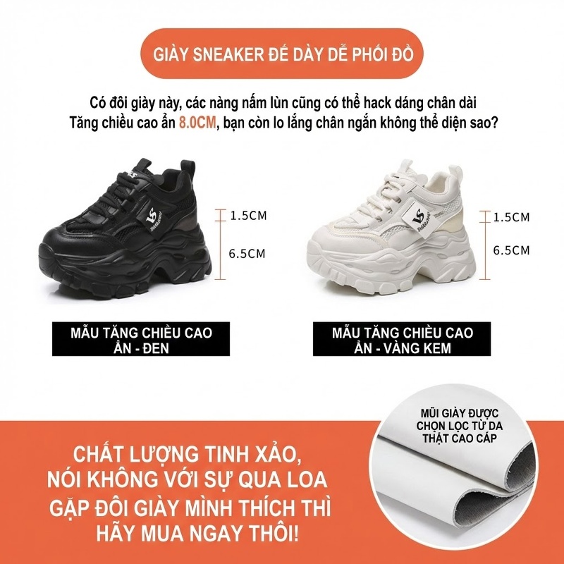 Giày Sneaker Nữ Đế Dày Phong Cách Ulzzang Chiều Cao Đế Khoảng 6.5cm Màu Trắng, Đen