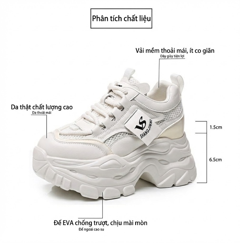 Giày Sneaker Nữ Đế Dày Phong Cách Ulzzang Chiều Cao Đế Khoảng 6.5cm Màu Trắng, Đen chi tiết 3