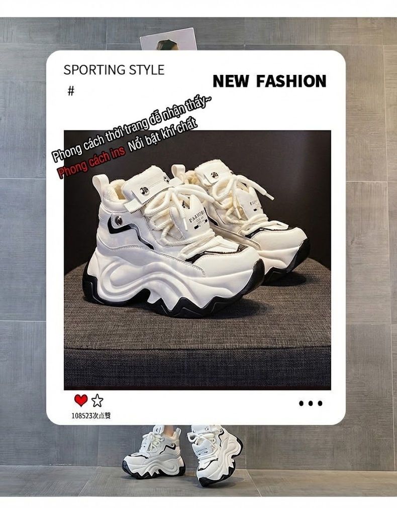 Giày Sneaker Nữ Đế Dày Phong Cách Ulzzang Chiều Cao Đế Khoảng 6cm Màu Trắng, Kem, Đen chi tiết 3