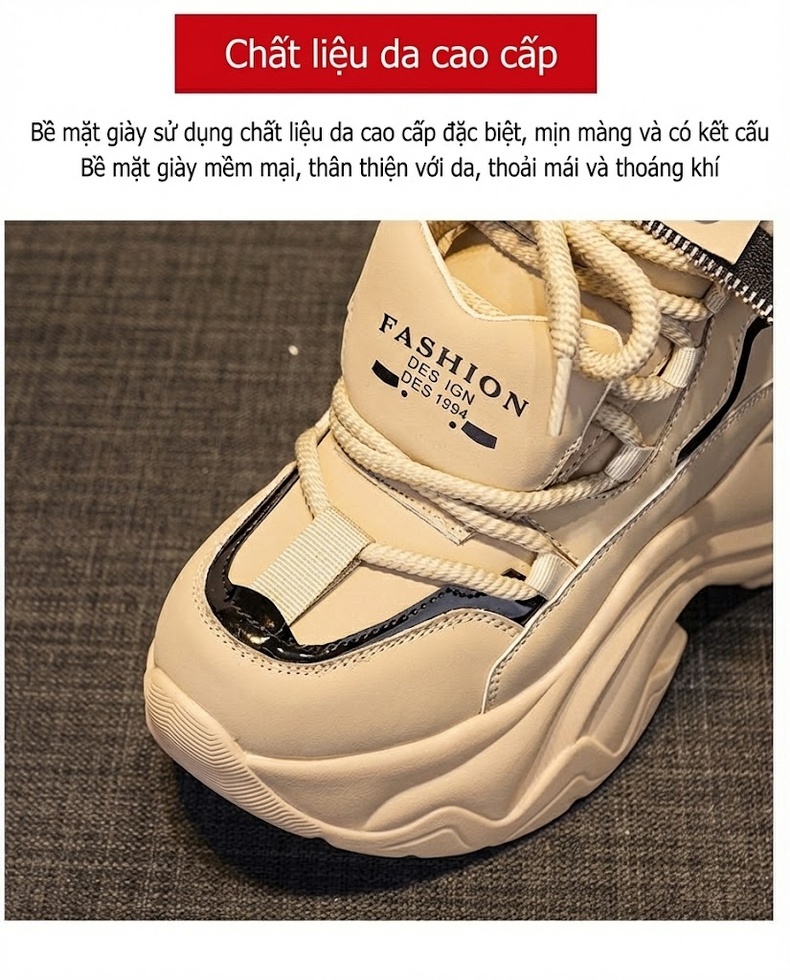 Giày Sneaker Nữ Đế Dày Phong Cách Ulzzang Chiều Cao Đế Khoảng 6cm Màu Trắng, Kem, Đen chi tiết 7