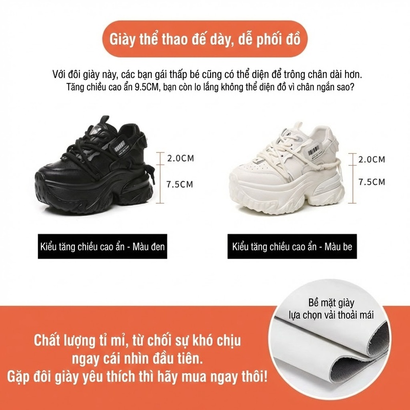Giày Sneaker Nữ Đế Dày Tăng Chiều Cao 7.5cm Phong Cách Ulzzang Màu Đen, Trắng