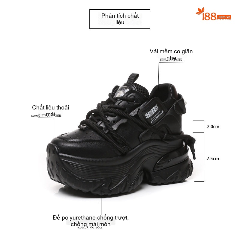 Giày Sneaker Nữ Đế Dày Tăng Chiều Cao 7.5cm Phong Cách Ulzzang Màu Đen, Trắng chi tiết 3