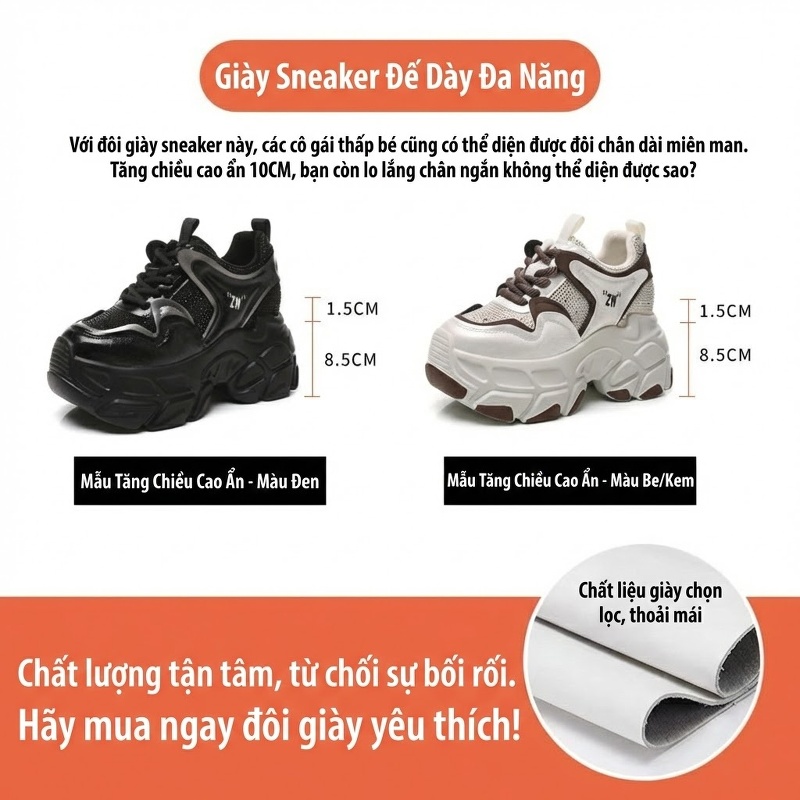 Giày Sneaker Nữ Đế Dày Tăng Chiều Cao 8.5cm Da Bóng Màu Đen, Trắng, Nâu