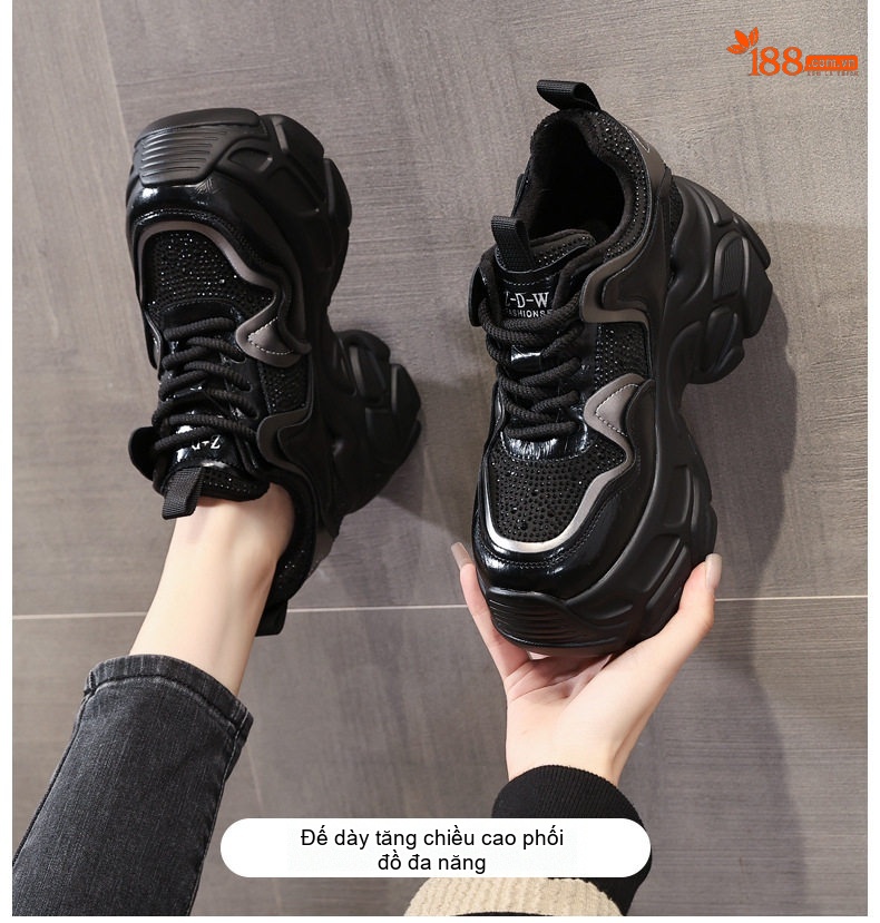 Giày Sneaker Nữ Đế Dày Tăng Chiều Cao 8.5cm Da Bóng Màu Đen, Trắng, Nâu chi tiết 1