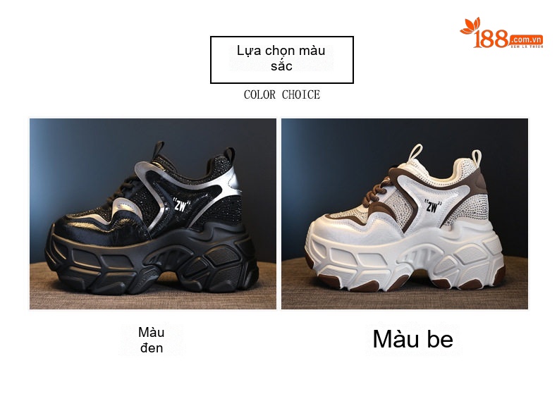 Giày Sneaker Nữ Đế Dày Tăng Chiều Cao 8.5cm Da Bóng Màu Đen, Trắng, Nâu chi tiết 2