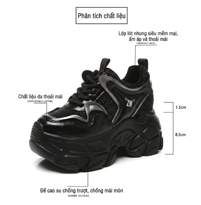 Giày Sneaker Nữ Đế Dày Tăng Chiều Cao 8.5cm Da Bóng Màu Đen, Trắng, Nâu chi tiết 3
