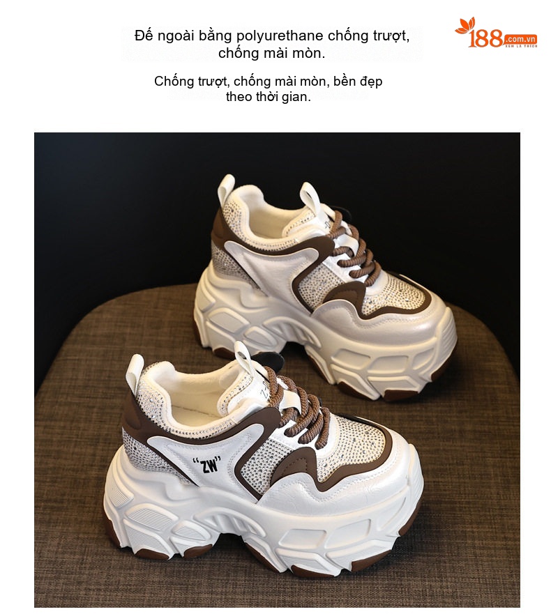 Giày Sneaker Nữ Đế Dày Tăng Chiều Cao 8.5cm Da Bóng Màu Đen, Trắng, Nâu chi tiết 11