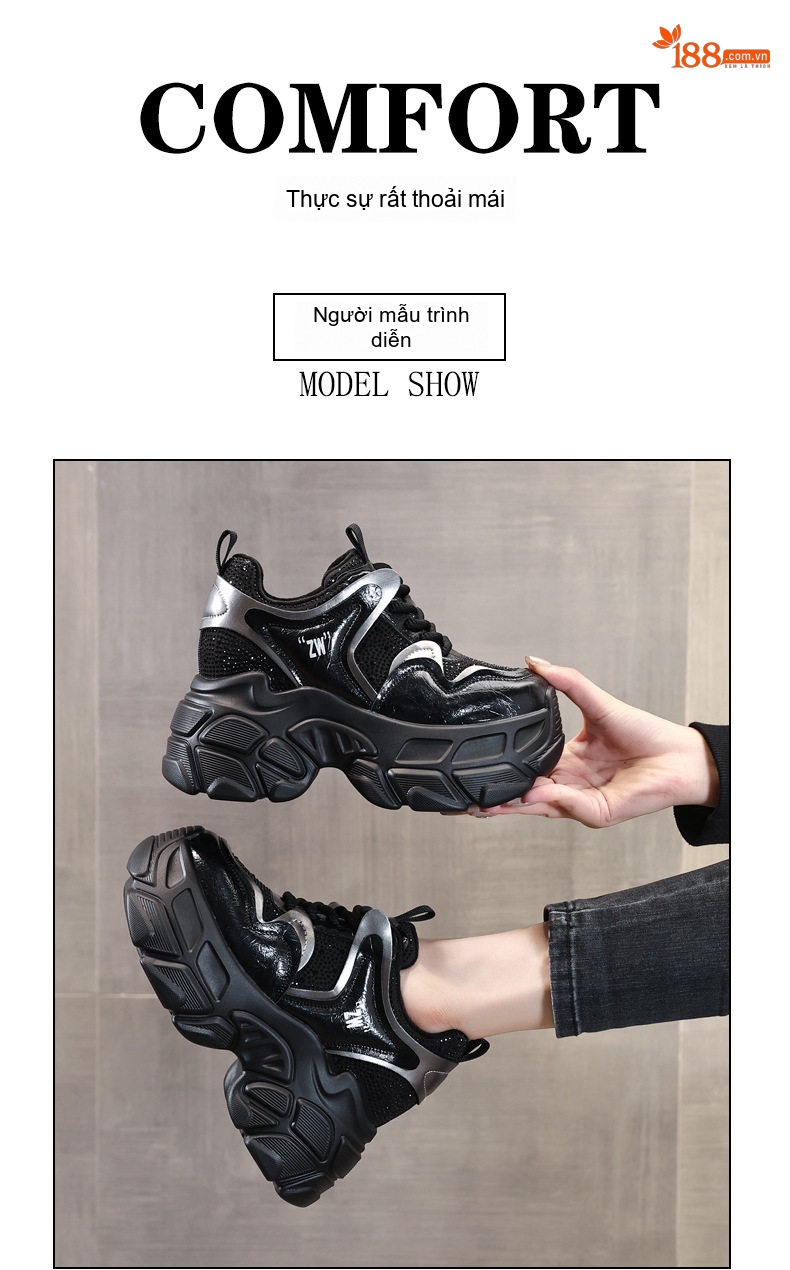 Giày Sneaker Nữ Đế Dày Tăng Chiều Cao 8.5cm Da Bóng Màu Đen, Trắng, Nâu chi tiết 12