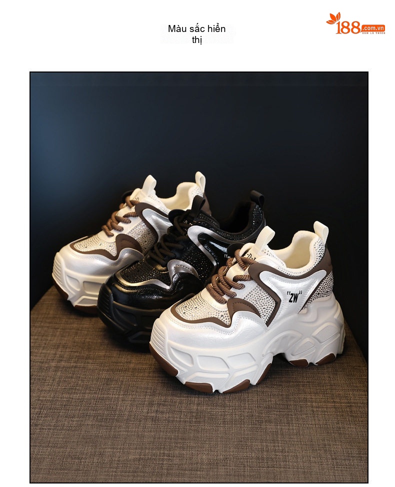 Giày Sneaker Nữ Đế Dày Tăng Chiều Cao 8.5cm Da Bóng Màu Đen, Trắng, Nâu chi tiết 19