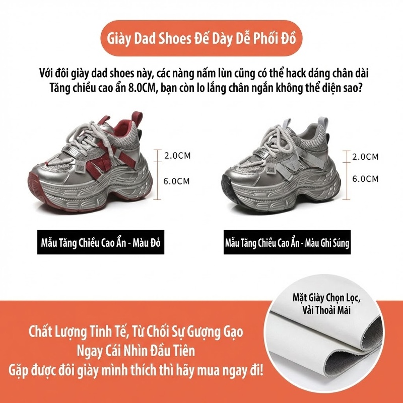 Giày Sneaker Nữ Đế Dày Tăng Chiều Cao 8cm Phong Cách Ulzzang Màu Bạc, Đỏ, Đen