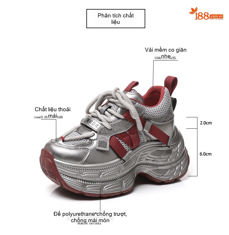 Giày Sneaker Nữ Đế Dày Tăng Chiều Cao 8cm Phong Cách Ulzzang Màu Bạc, Đỏ, Đen chi tiết 3