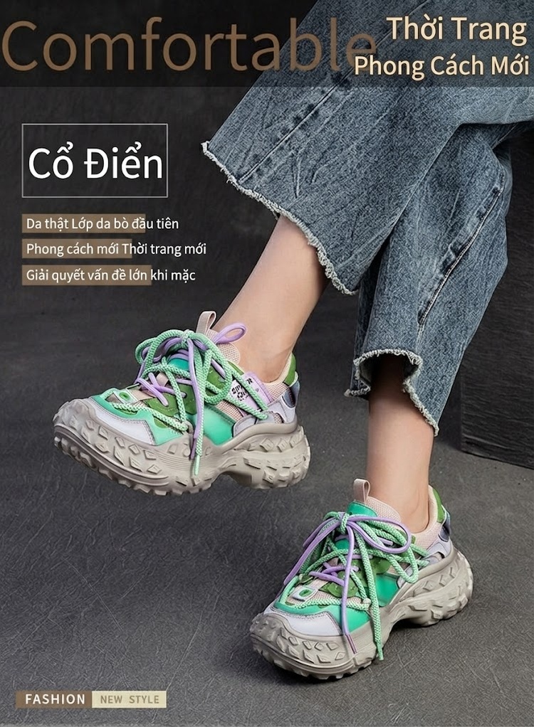 Giày Sneaker Nữ Đế Dày Tăng Chiều Cao Khoảng 5cm Phong Cách Thời Trang Màu Xanh Lá, Tím, Vàng, Xanh Dương chi tiết 1