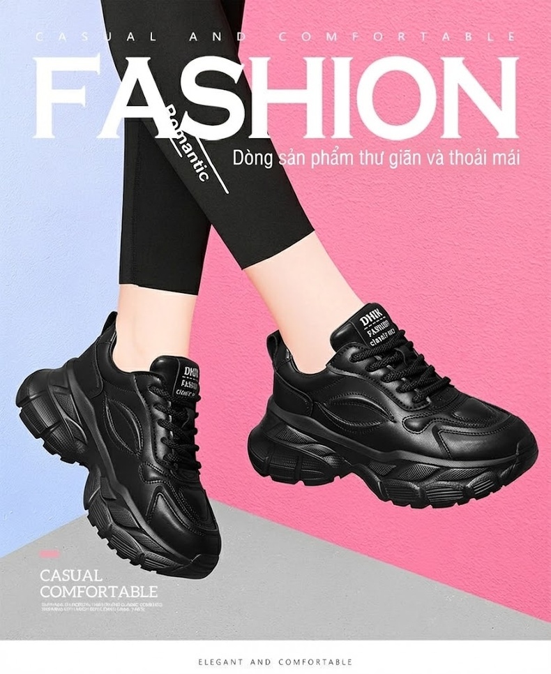 Giày Sneaker Nữ Đế Dày Tăng Chiều Cao Khoảng 5cm Phong Cách Ulzzang Màu Đen, Kem chi tiết 1