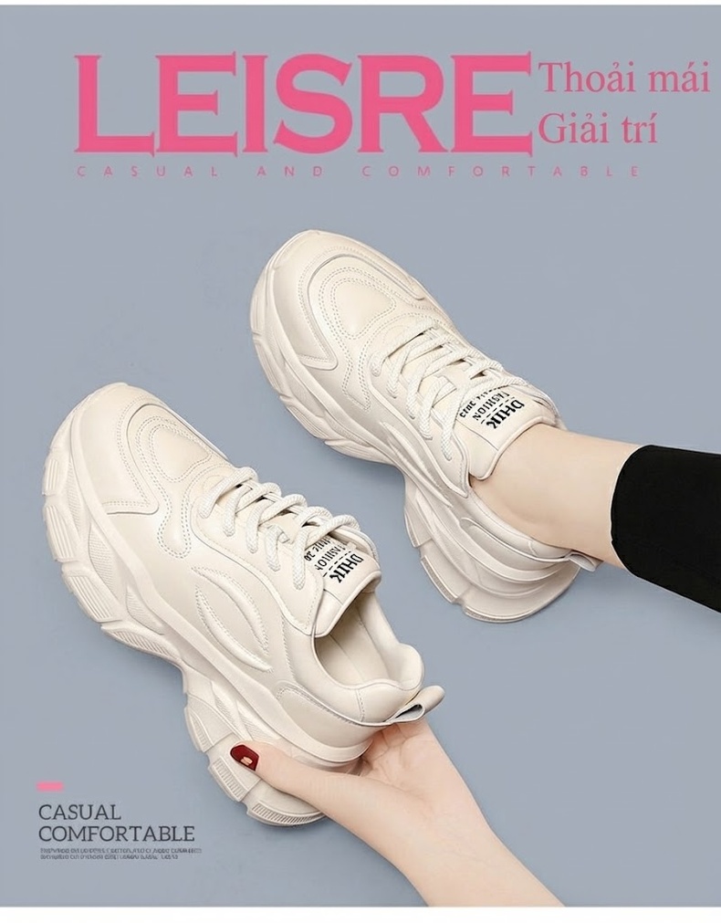 Giày Sneaker Nữ Đế Dày Tăng Chiều Cao Khoảng 5cm Phong Cách Ulzzang Màu Đen, Kem chi tiết 2