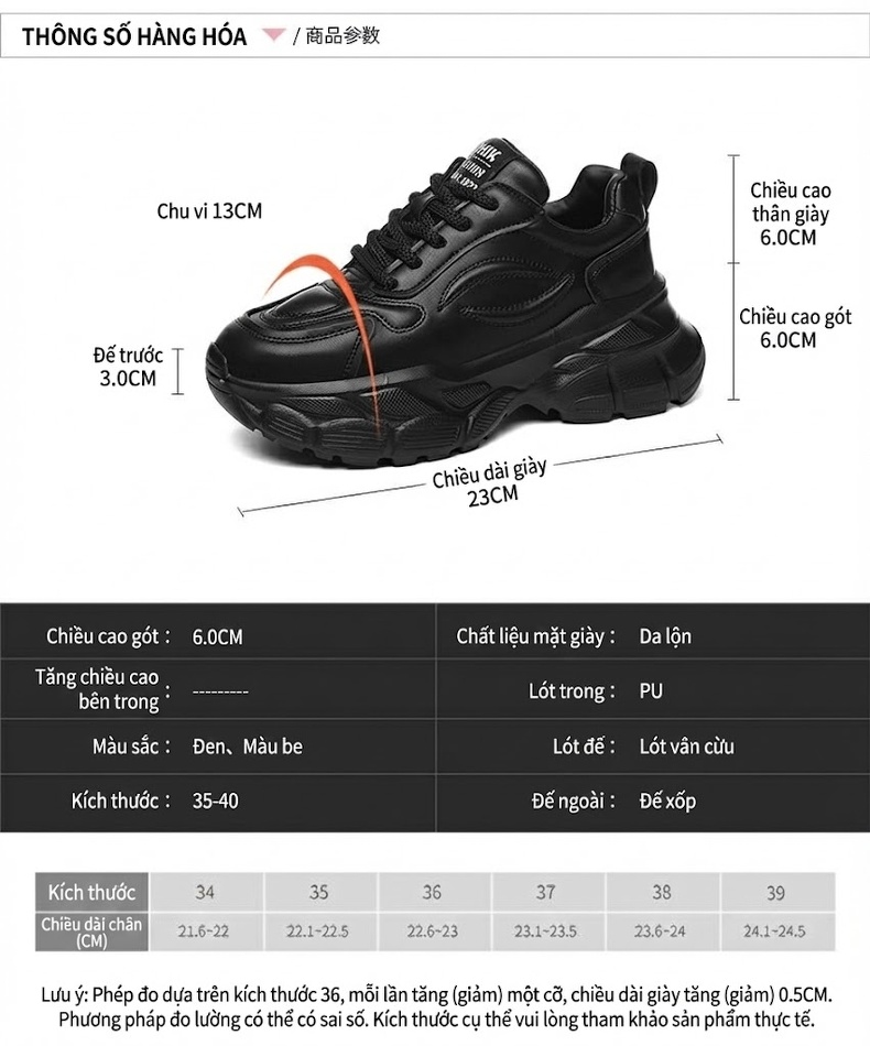 Giày Sneaker Nữ Đế Dày Tăng Chiều Cao Khoảng 5cm Phong Cách Ulzzang Màu Đen, Kem chi tiết 3