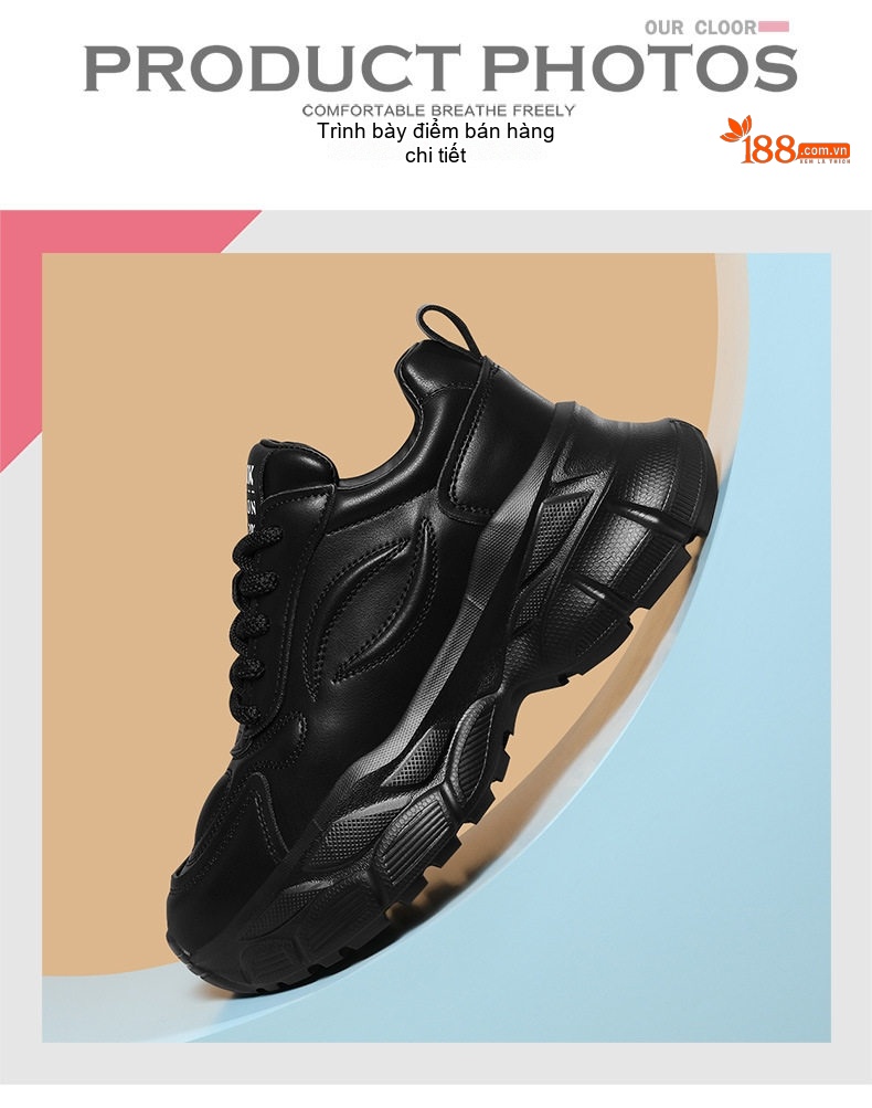 Giày Sneaker Nữ Đế Dày Tăng Chiều Cao Khoảng 5cm Phong Cách Ulzzang Màu Đen, Kem chi tiết 4