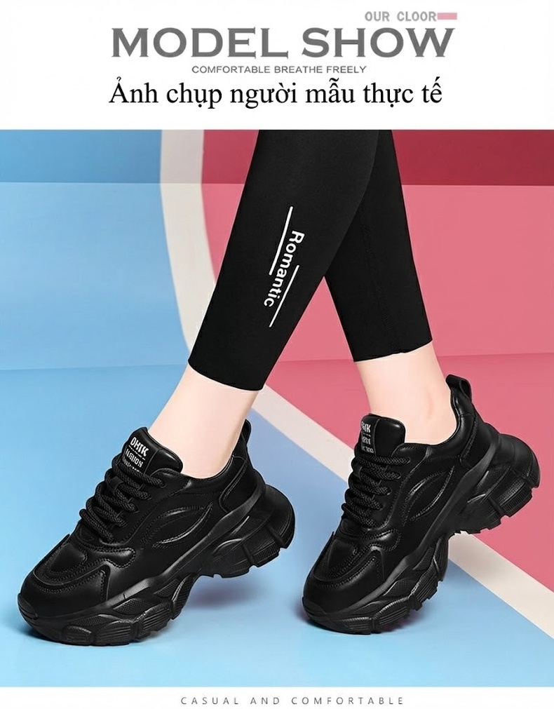 Giày Sneaker Nữ Đế Dày Tăng Chiều Cao Khoảng 5cm Phong Cách Ulzzang Màu Đen, Kem chi tiết 5