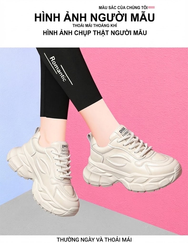 Giày Sneaker Nữ Đế Dày Tăng Chiều Cao Khoảng 5cm Phong Cách Ulzzang Màu Đen, Kem chi tiết 8