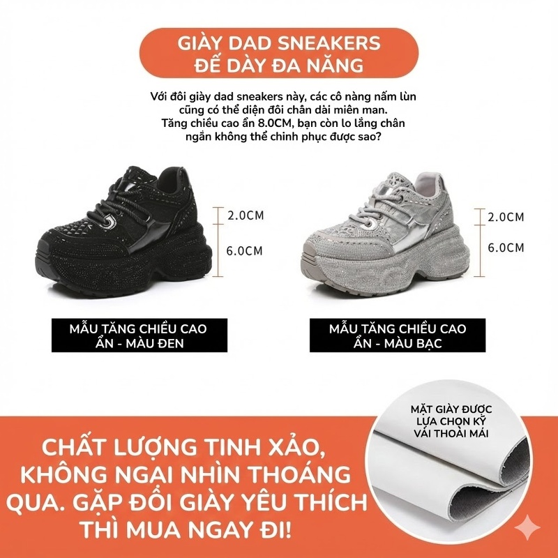 Giày Sneaker Nữ Đế Dày Tăng Chiều Cao Khoảng 6cm Đính Đá Lấp Lánh Màu Đen, Bạc