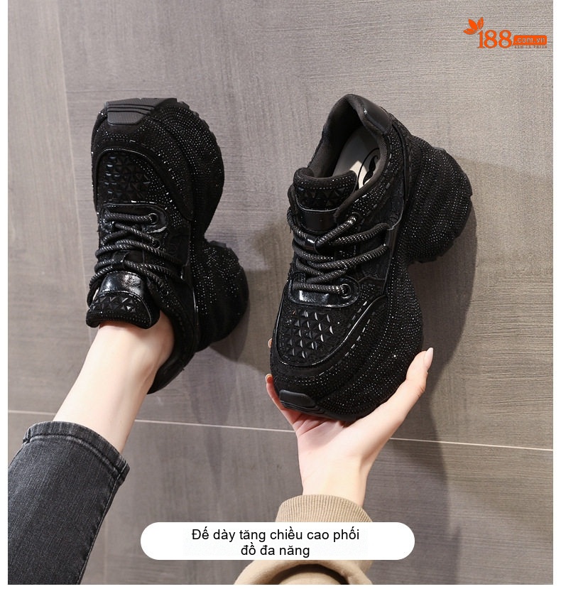 Giày Sneaker Nữ Đế Dày Tăng Chiều Cao Khoảng 6cm Đính Đá Lấp Lánh Màu Đen, Bạc chi tiết 1