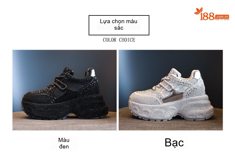 Giày Sneaker Nữ Đế Dày Tăng Chiều Cao Khoảng 6cm Đính Đá Lấp Lánh Màu Đen, Bạc chi tiết 2