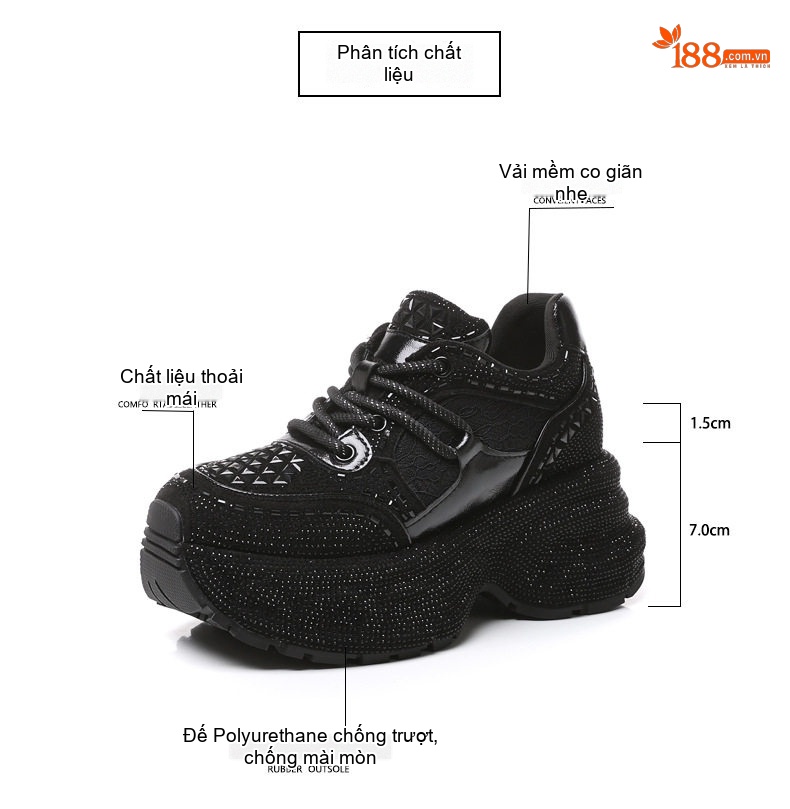 Giày Sneaker Nữ Đế Dày Tăng Chiều Cao Khoảng 6cm Đính Đá Lấp Lánh Màu Đen, Bạc chi tiết 3
