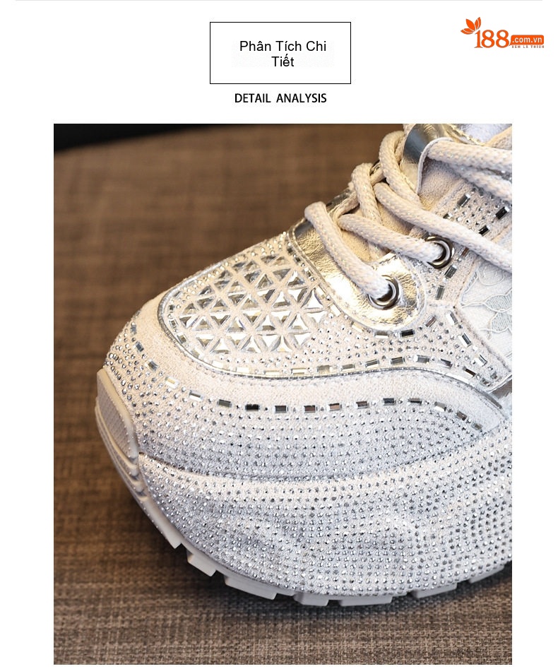 Giày Sneaker Nữ Đế Dày Tăng Chiều Cao Khoảng 6cm Đính Đá Lấp Lánh Màu Đen, Bạc chi tiết 8