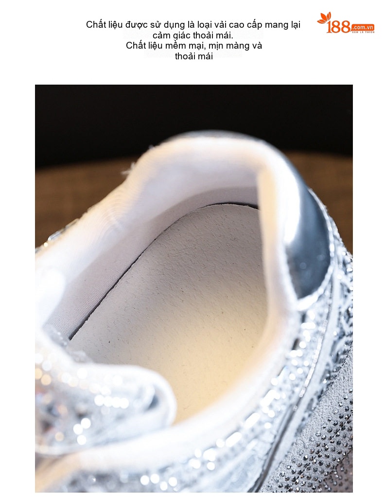 Giày Sneaker Nữ Đế Dày Tăng Chiều Cao Khoảng 6cm Đính Đá Lấp Lánh Màu Đen, Bạc chi tiết 9