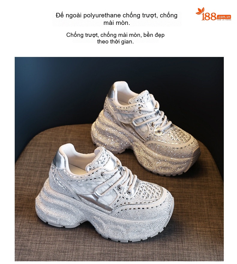 Giày Sneaker Nữ Đế Dày Tăng Chiều Cao Khoảng 6cm Đính Đá Lấp Lánh Màu Đen, Bạc chi tiết 11