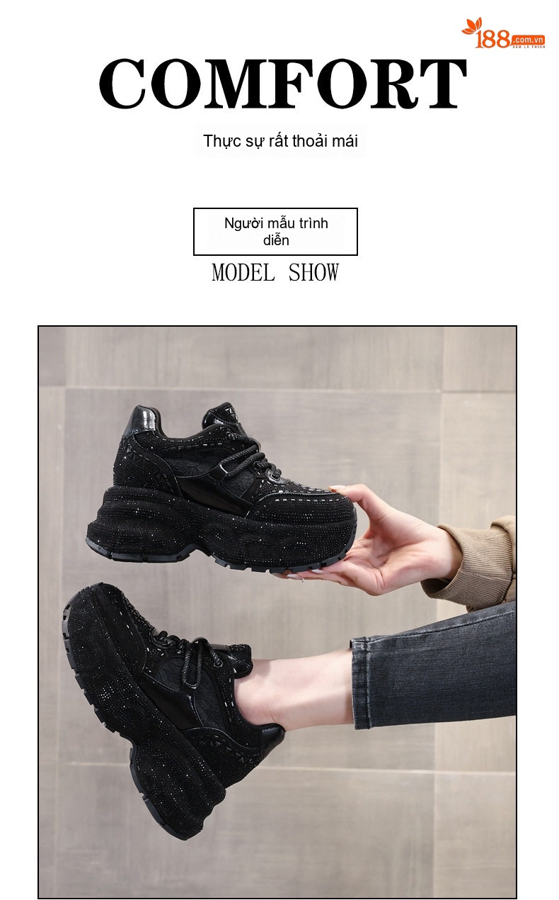 Giày Sneaker Nữ Đế Dày Tăng Chiều Cao Khoảng 6cm Đính Đá Lấp Lánh Màu Đen, Bạc chi tiết 12