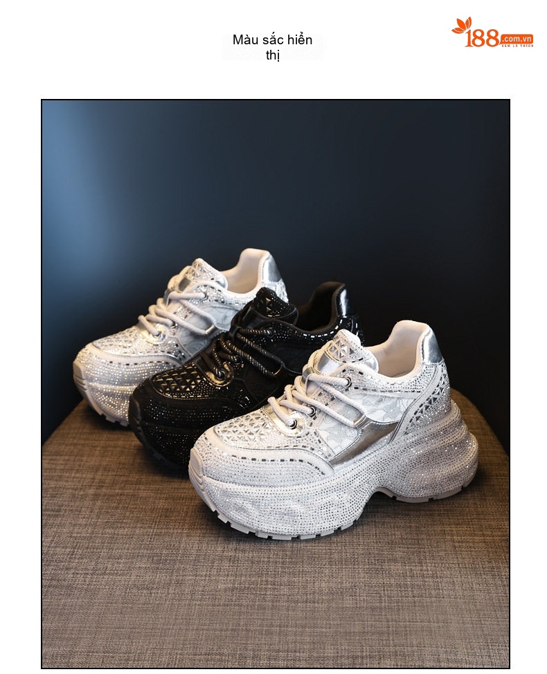 Giày Sneaker Nữ Đế Dày Tăng Chiều Cao Khoảng 6cm Đính Đá Lấp Lánh Màu Đen, Bạc chi tiết 19