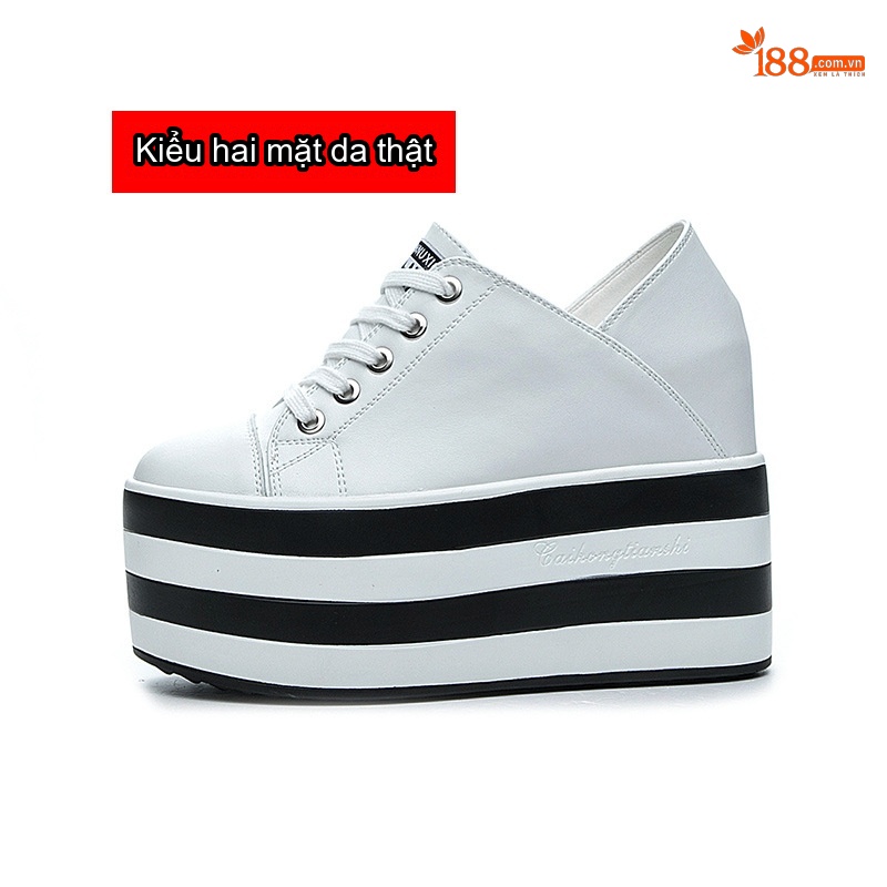 Giày Sneaker Nữ Đế Xuồng Chiều Cao Đế Khoảng 6cm Da Bóng Màu Trắng, Đen