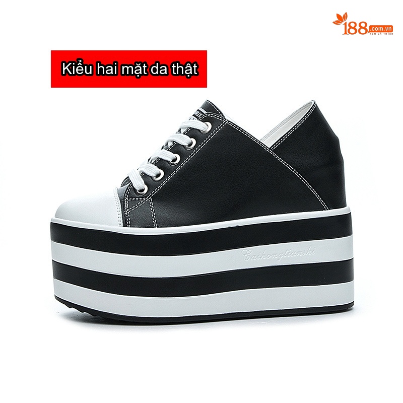 Giày Sneaker Nữ Đế Xuồng Chiều Cao Đế Khoảng 6cm Da Bóng Màu Trắng, Đen