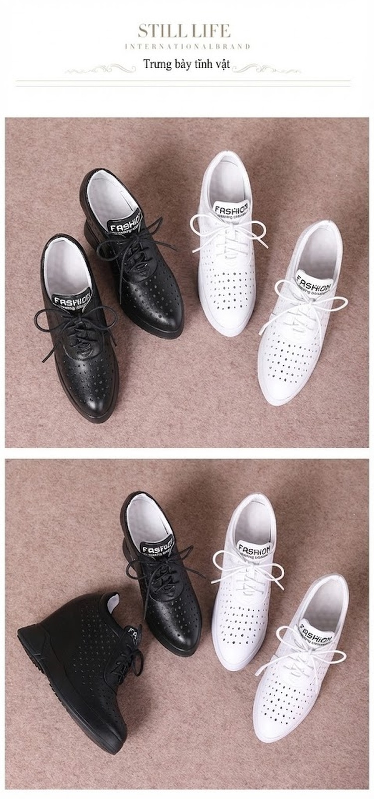 Giày Sneaker Nữ Đế Xuồng Chiều Cao Khoảng 10cm Da Mềm Đục Lỗ Phong Cách Hàn Quốc Màu Trắng, Đen chi tiết 7
