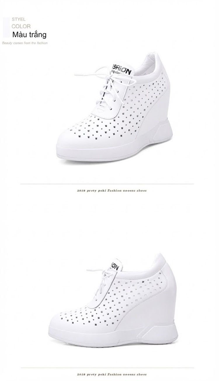 Giày Sneaker Nữ Đế Xuồng Chiều Cao Khoảng 10cm Da Mềm Đục Lỗ Phong Cách Hàn Quốc Màu Trắng, Đen chi tiết 12