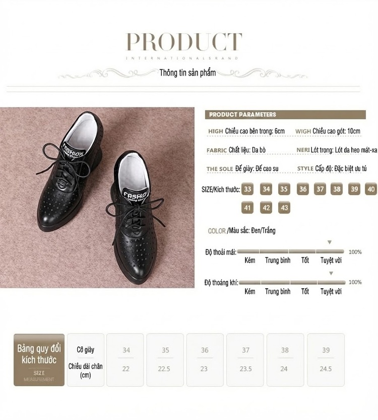 Giày Sneaker Nữ Đế Xuồng Chiều Cao Khoảng 10cm Da Mềm Đục Lỗ Phong Cách Hàn Quốc Màu Trắng, Đen chi tiết 15