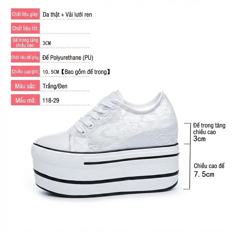 Giày Sneaker Nữ Đế Xuồng Ren Lưới Chiều Cao Đế 7.5cm Màu Đen, Trắng chi tiết 4