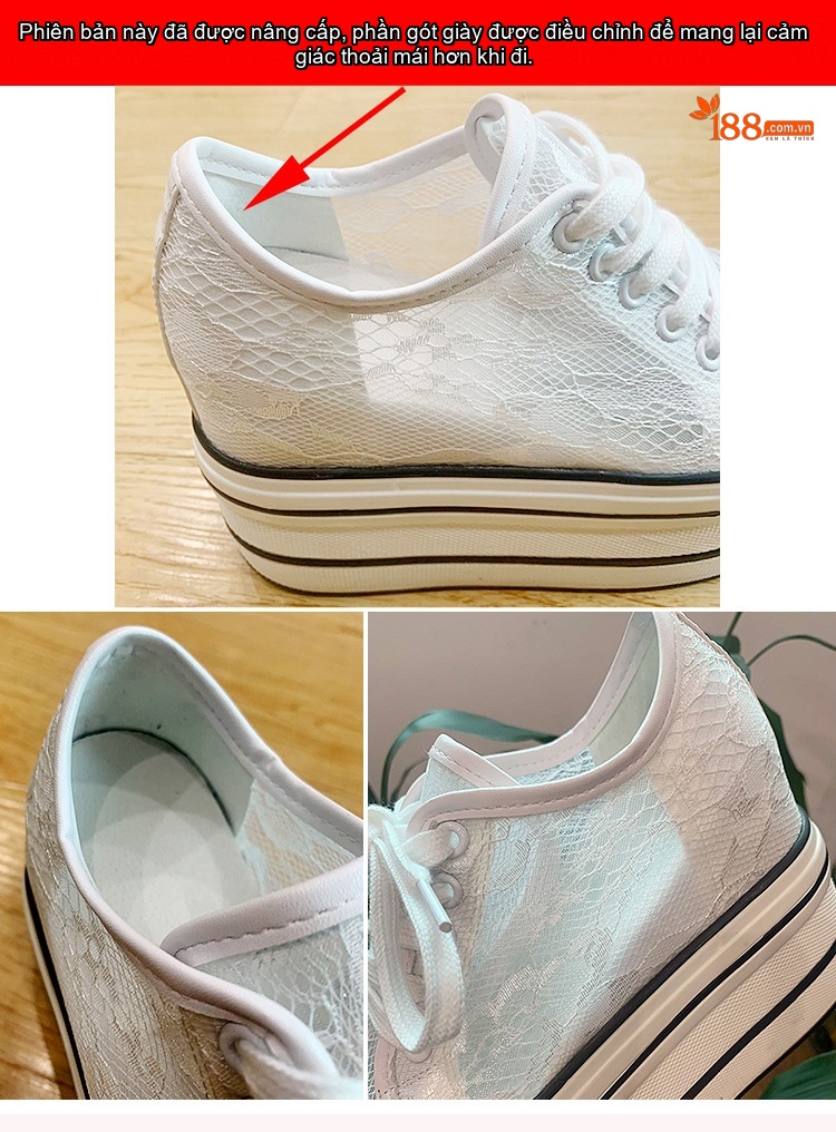 Giày Sneaker Nữ Đế Xuồng Ren Lưới Chiều Cao Đế 7.5cm Màu Đen, Trắng chi tiết 1
