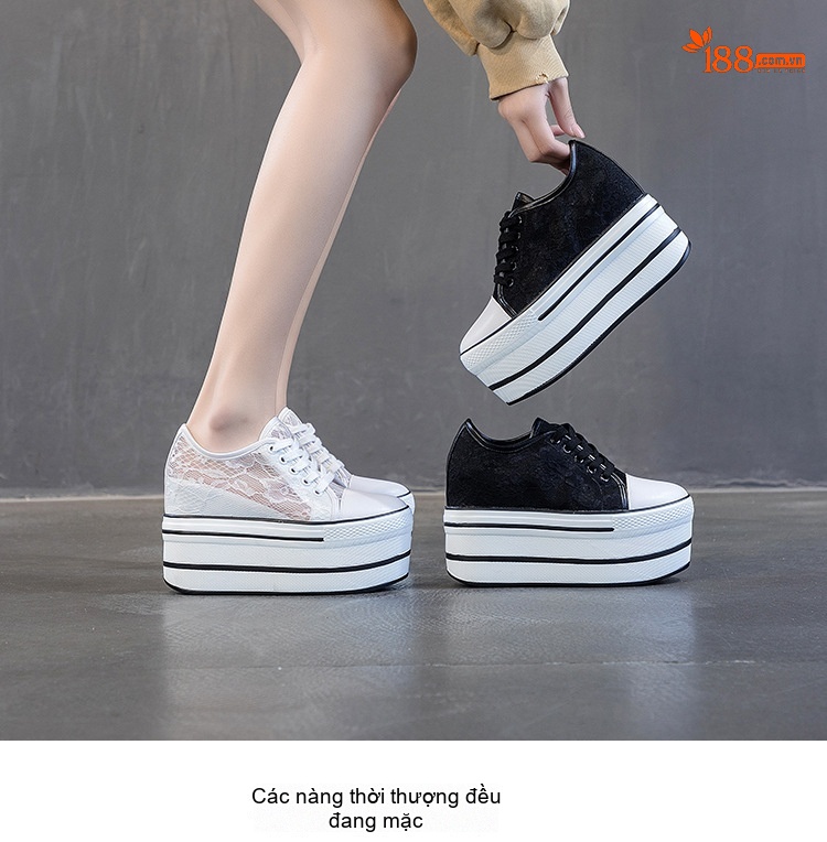 Giày Sneaker Nữ Đế Xuồng Ren Lưới Chiều Cao Đế 7.5cm Màu Đen, Trắng chi tiết 7