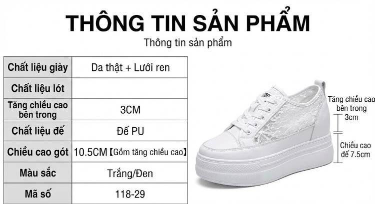 Giày Sneaker Nữ Đế Xuồng Ren Lưới Chiều Cao Đế 7.5cm Màu Đen, Trắng chi tiết 8