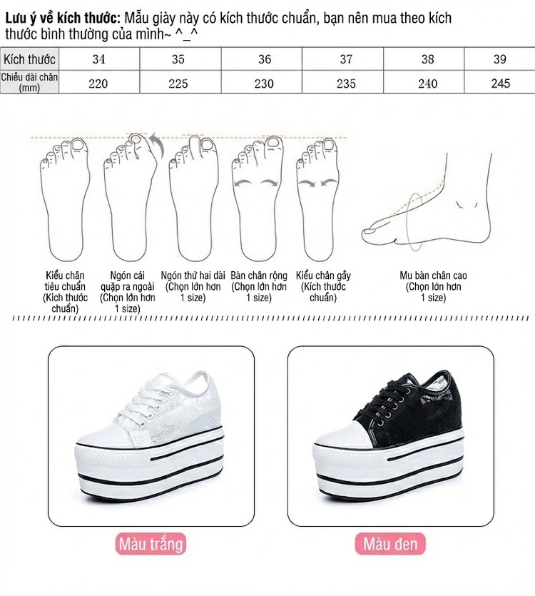 Giày Sneaker Nữ Đế Xuồng Ren Lưới Chiều Cao Đế 7.5cm Màu Đen, Trắng chi tiết 9