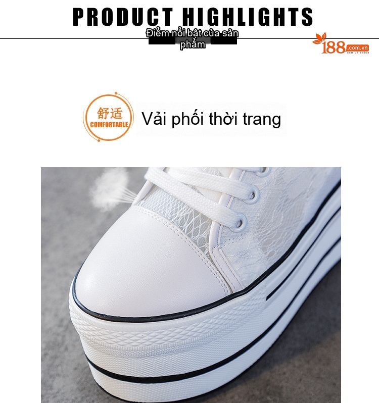 Giày Sneaker Nữ Đế Xuồng Ren Lưới Chiều Cao Đế 7.5cm Màu Đen, Trắng chi tiết 10