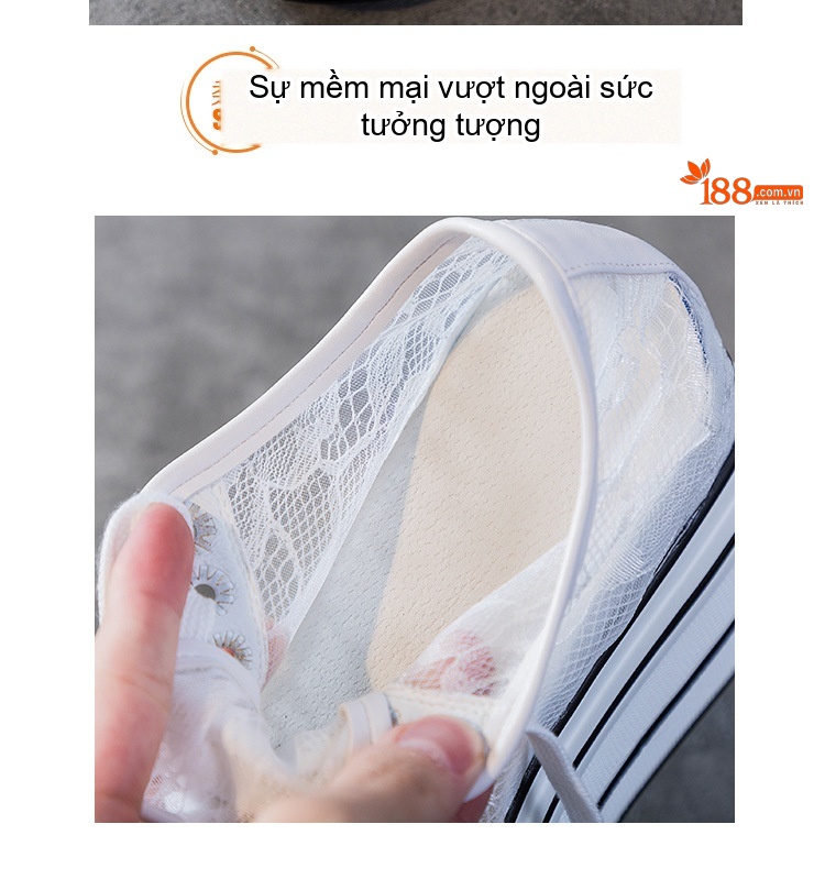 Giày Sneaker Nữ Đế Xuồng Ren Lưới Chiều Cao Đế 7.5cm Màu Đen, Trắng chi tiết 11