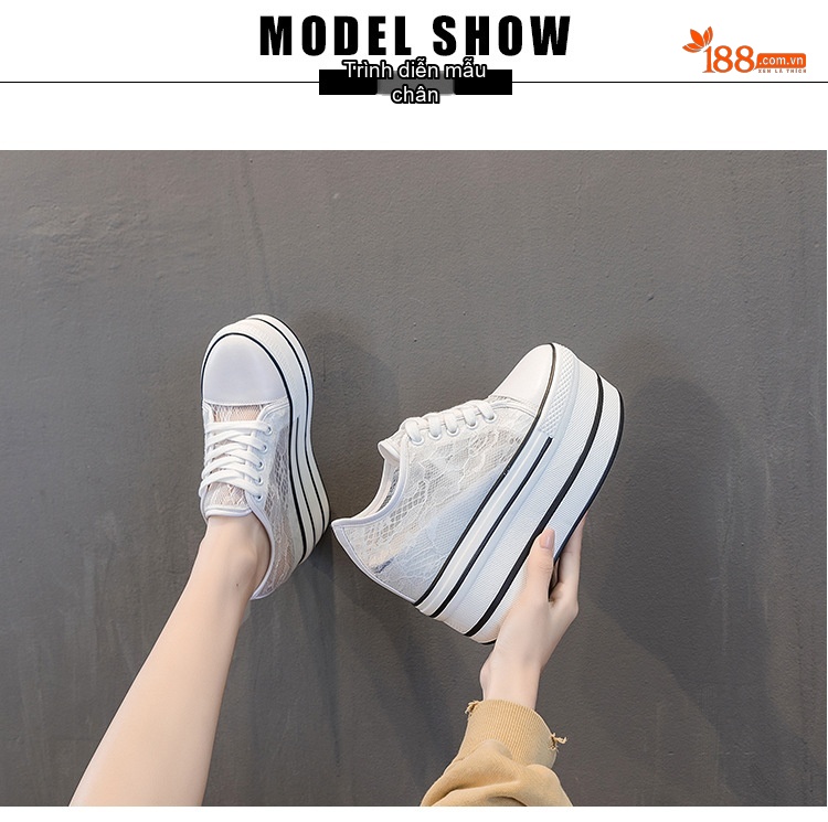 Giày Sneaker Nữ Đế Xuồng Ren Lưới Chiều Cao Đế 7.5cm Màu Đen, Trắng chi tiết 14